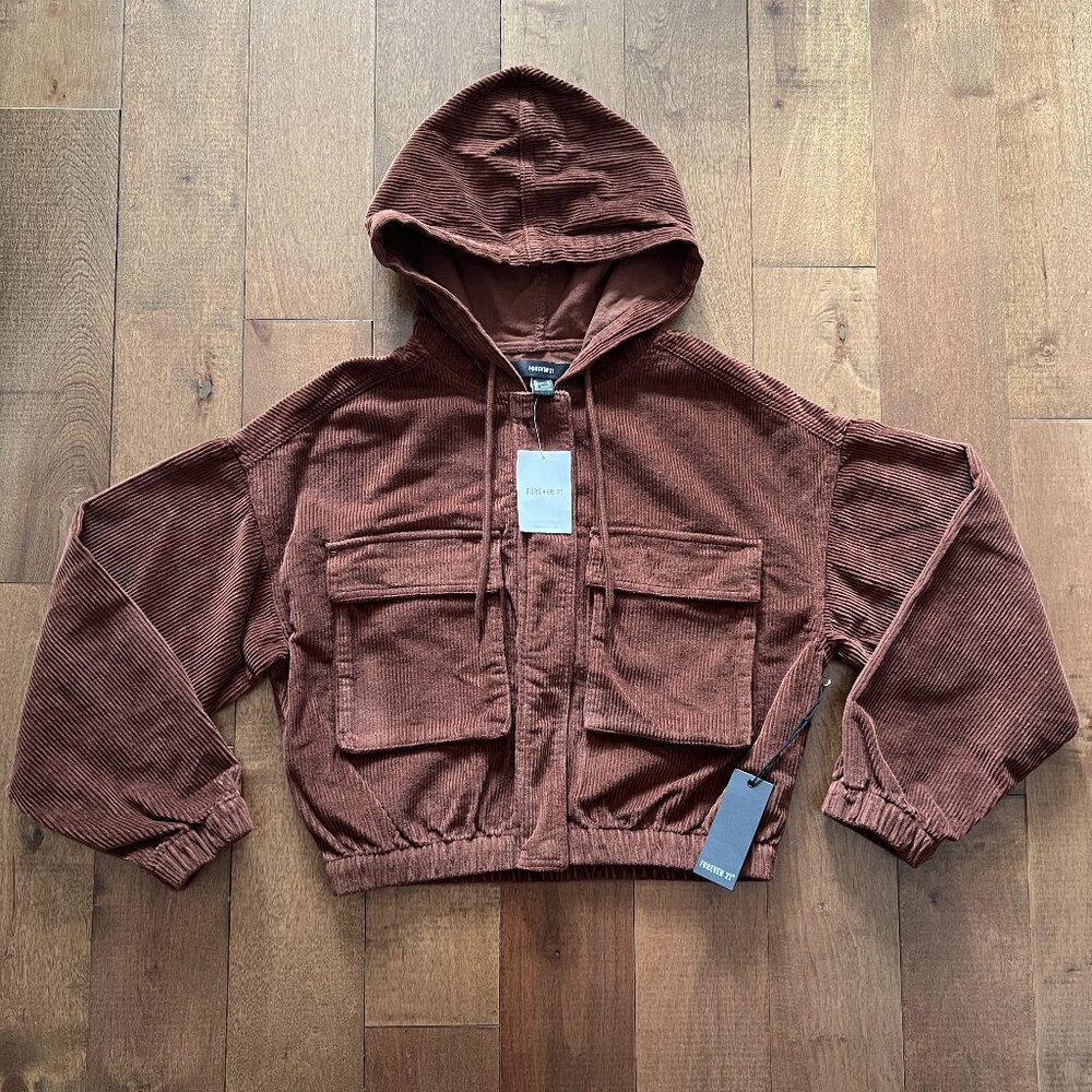 Forever 21 Women's Brown Corduroy Hooded Cropped Bomber Jacket, Size S - NWT